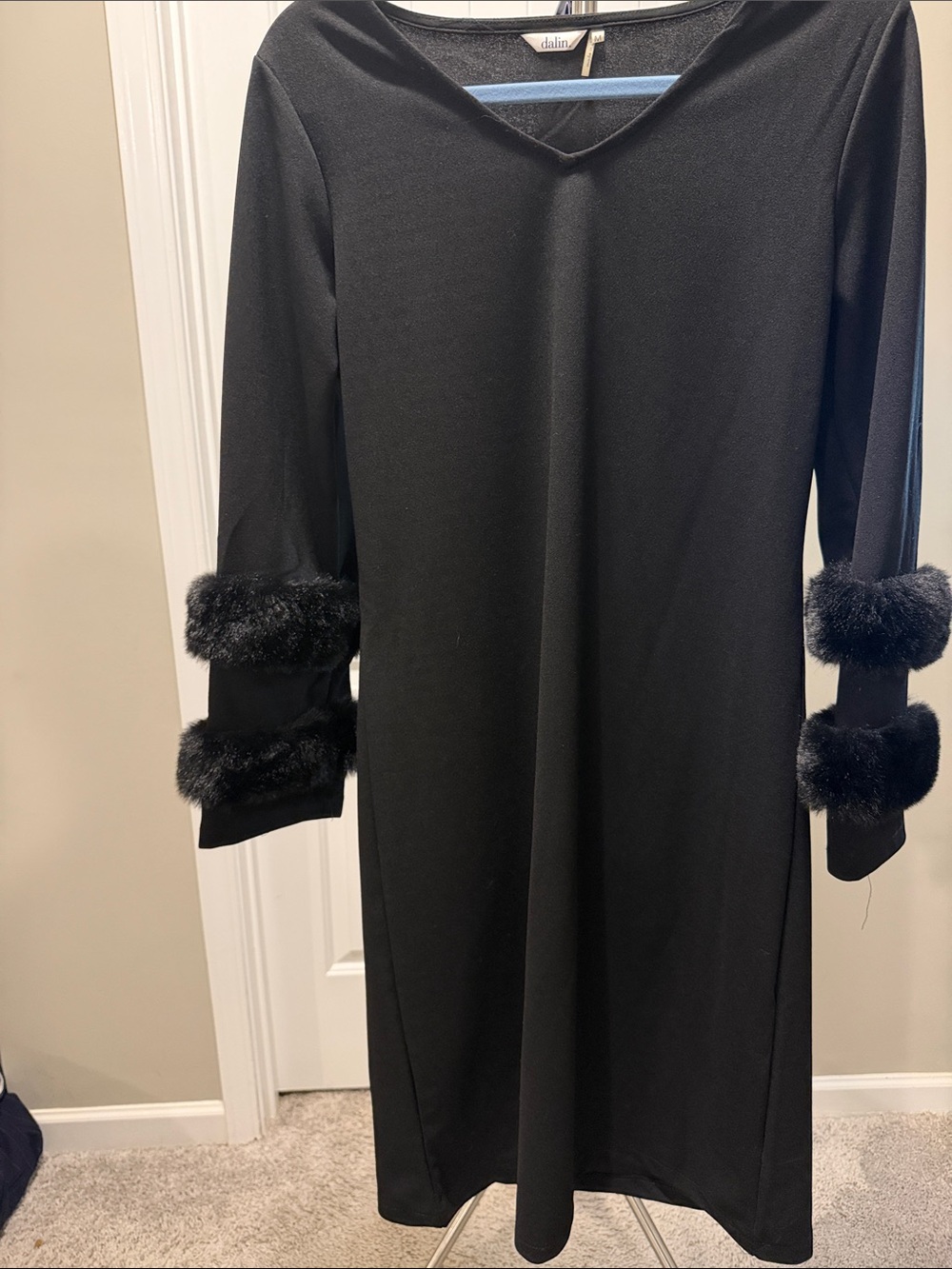 Dalin Black Faux Fur-Trim Midi Dress